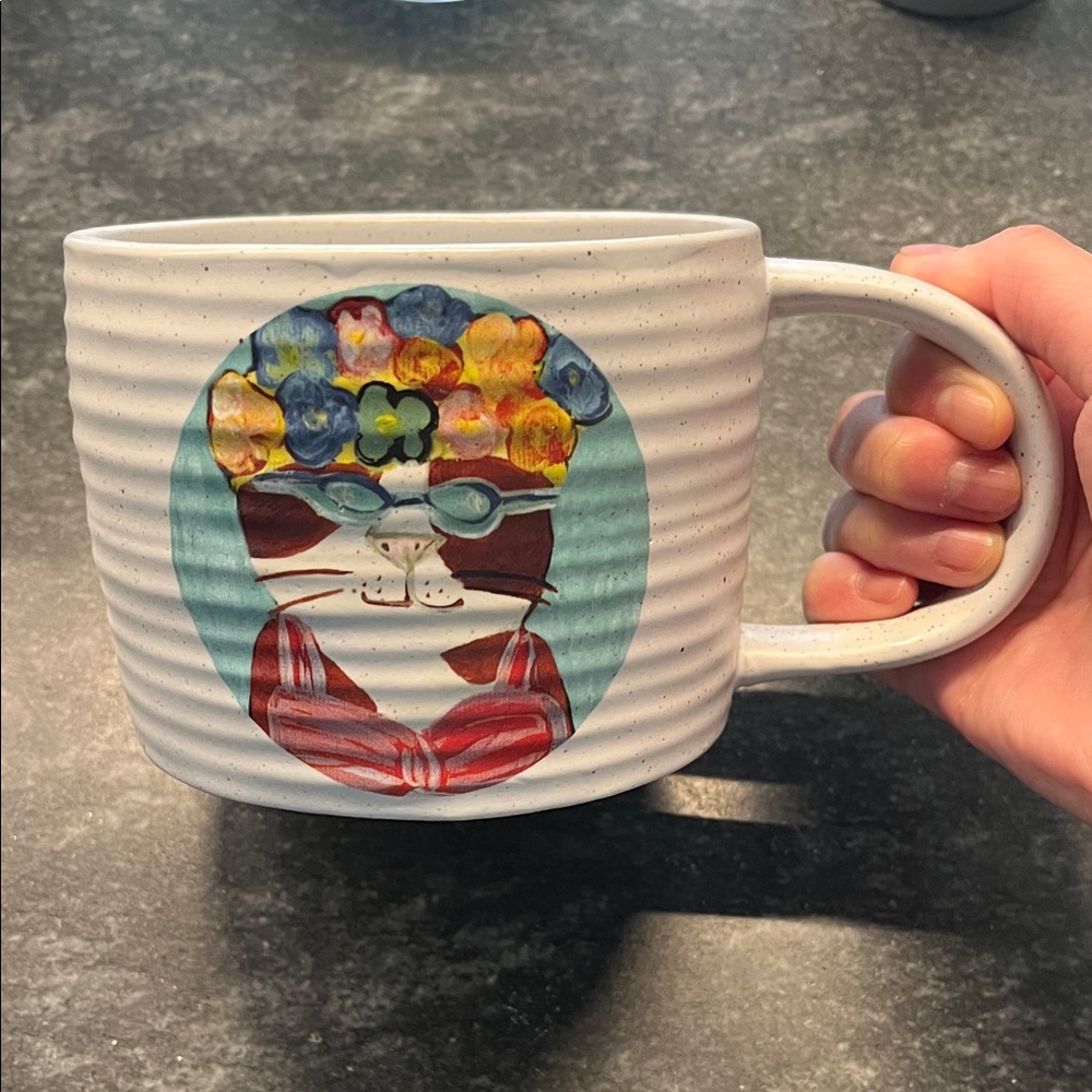 West Elm White Cat Mug with Floral Design